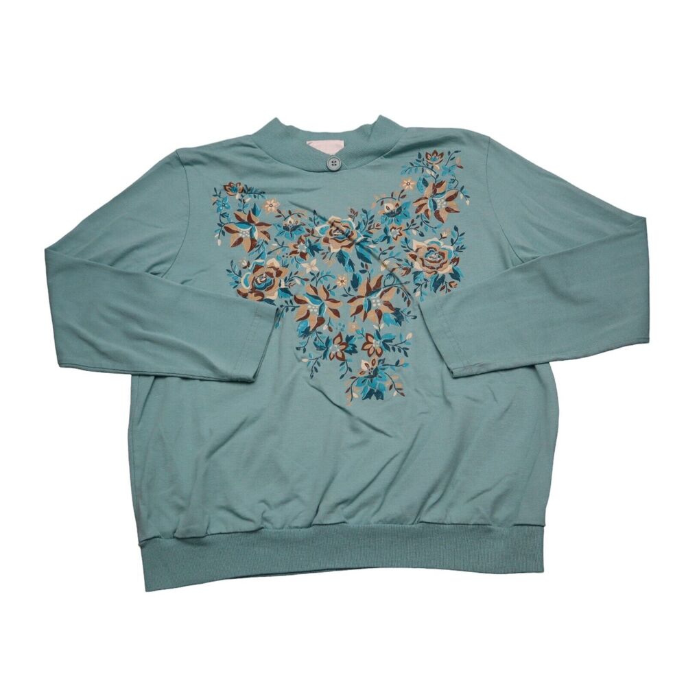 Adrian Delafield Sweater Womens Green Long Sleeve Floral Print Knitted Pullover
